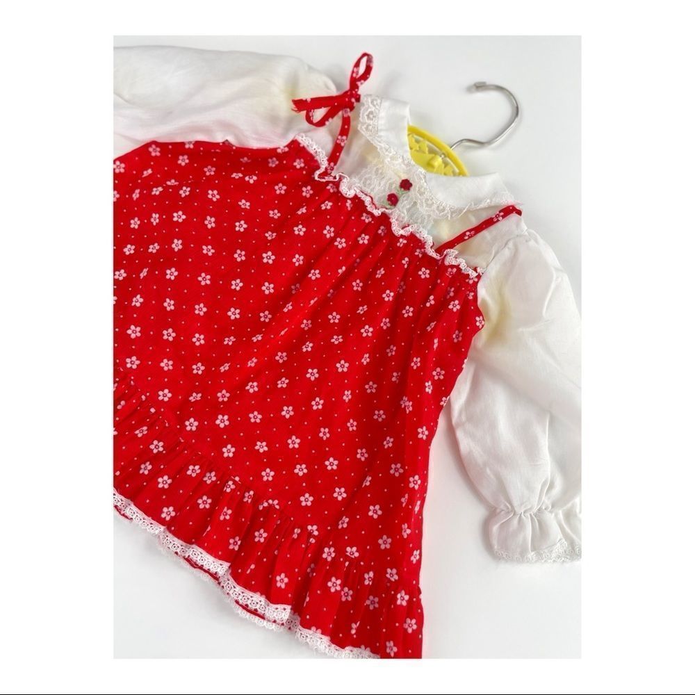 1970s The Little Sears Flocked Formal Dress Red White Lace Balloon Sleeve 7